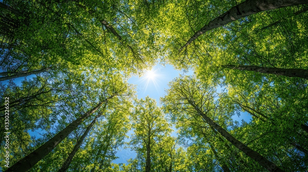 Obraz premium Looking up Green forest. Trees with green Leaves, blue sky and sun light. Bottom view background
