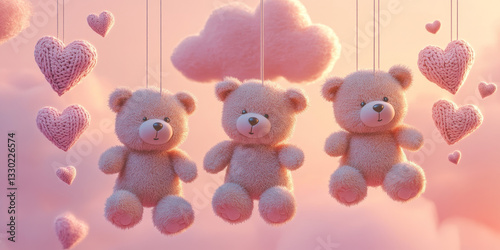 Adorable hanging teddy bears with heart decorations