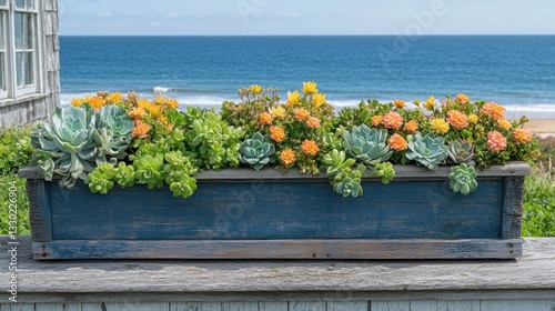 Coastal succulent planter box with orange and yellow flowers, ocean view