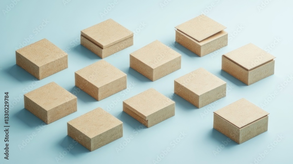 Fototapeta premium Organized, light beige cardboard boxes arranged in a grid pattern on a light blue surface