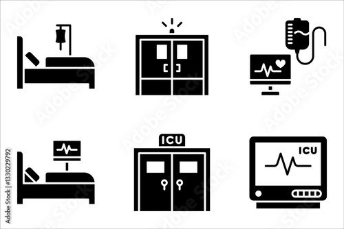 set of line icons related to ICU. Intensive Care Unit, monitors, ventilators, vector illustration on white background