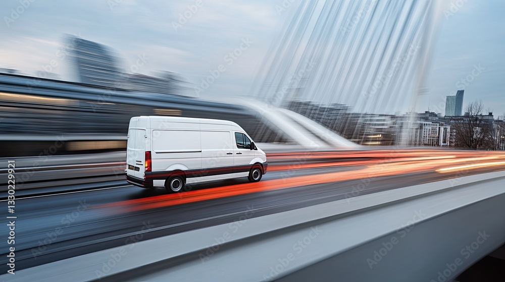 Fototapeta premium Speeding cargo van on a modern bridge, motion blur capturing the fast-paced world of transportation.