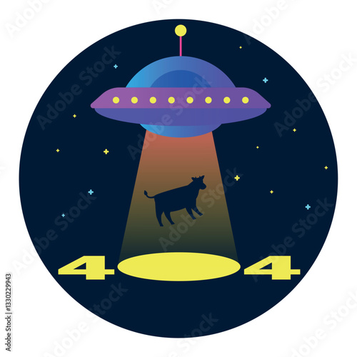UFO abducts cow. Unfound page concept. Error 404. Alien spaceship, floating UFO. Gradient modern flat illustration design