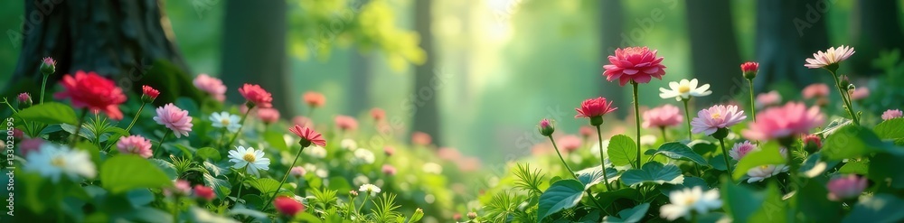 Whispers of spring in a mystical forest glade with small pink roses and white valerian, glade, misty, valerian Whispers of spring in a mystical forest glade with small pink roses and white valerian, glade, misty, valerian