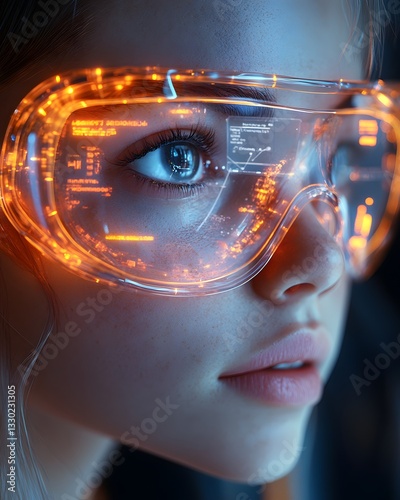 Young girl wearing AI-powered smart glasses with an interactive display in a futuristic school. The image evokes a modern  imaginative future   ideal for articles or ads on education technology and AI.