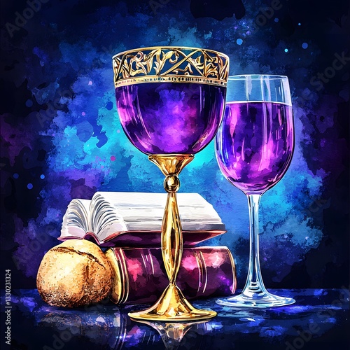 Elegant wine glass and open book symbolizing spiritual reflection and fellowship in a eucharistic setting