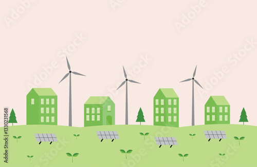 Ecology of the city. Renewable energy sources - solar panels and wind turbines. Vector illustration.