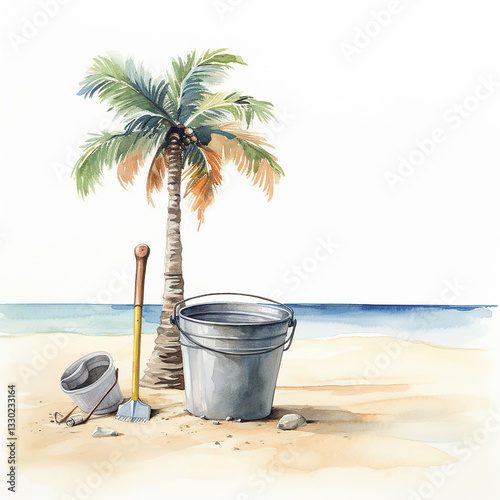Beach scene with palm tree, bucket, and shovel.