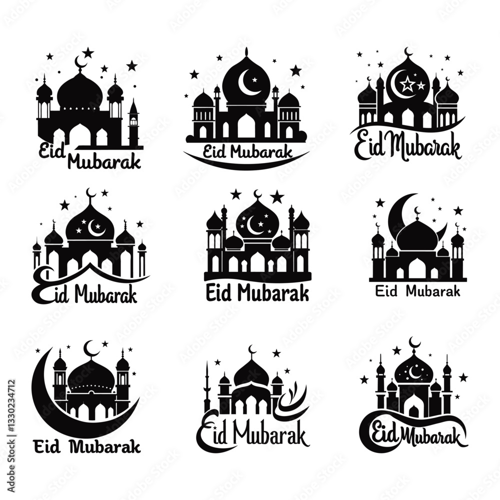Fototapeta premium Eid Mubarak Calligraphy silhouette Vector Set with Mosque and Crescent Moon