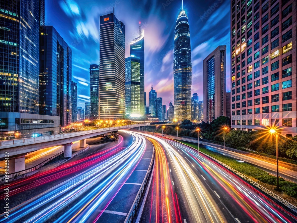 Obraz premium Night City Lights Trails Photography - Modern Metropolis Evening Skyline