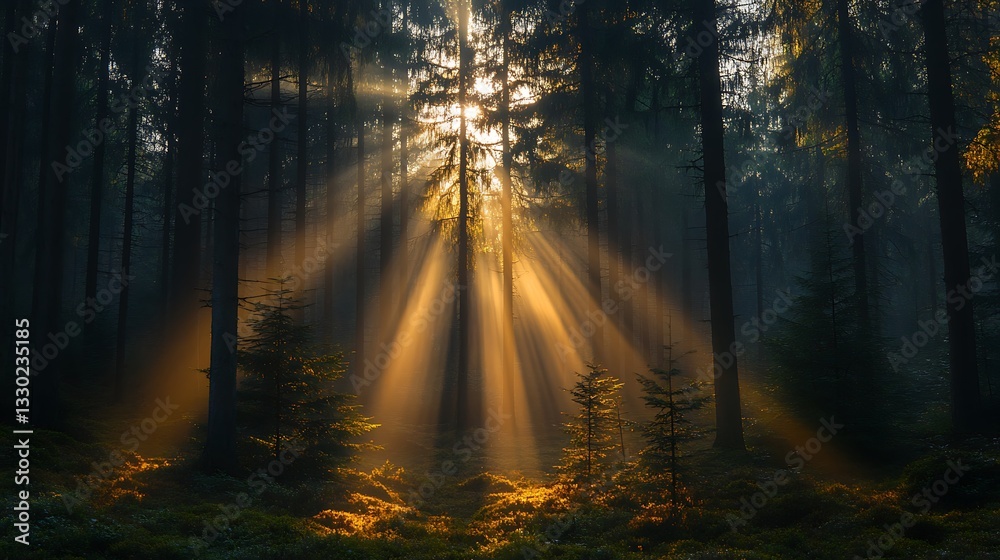 Obraz premium Sunbeams illuminating a misty forest.
