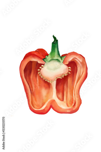 Hand-drawn oil pastel illustration of a red sweet pepper cut in section, isolated on a white background. A bright and textured artwork, perfect for food packaging, labels, menus, prints, and culinary 