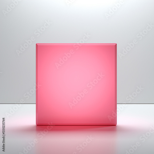 A vibrant pink, glossy, translucent cube on a reflective surface with soft lighting.