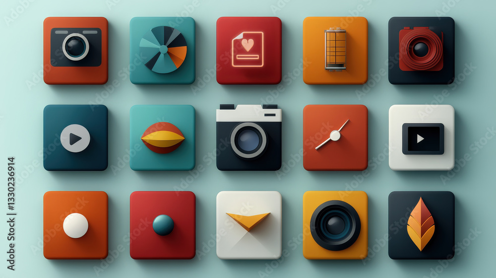 A collection of modern 3D flat-style icons featuring various app and technology-related symbols, designed for UI, branding, and web design. A collection of modern 3D flat-style icons featuring various app and technology-related symbols, designed for UI, branding, and web design.