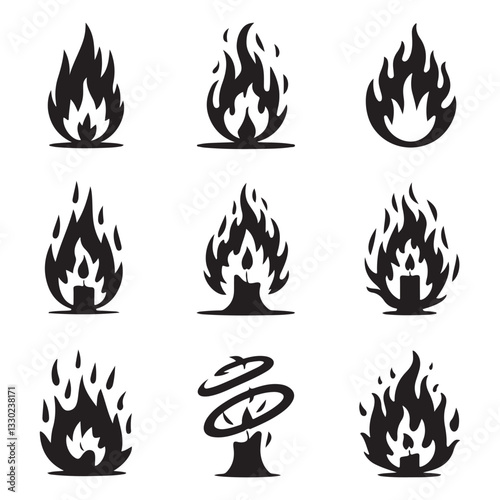 Big set of fire flame vector icons. Collection of fire and flame icons. Bonfire icons, flaming elements.
 Flame Editable Stroke Line Icons Classic silhouette flame. Black fire set isolated on Fire ico
