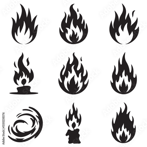 Big set of fire flame vector icons. Collection of fire and flame icons. Bonfire icons, flaming elements.
 Flame Editable Stroke Line Icons Classic silhouette flame. Black fire set isolated on Fire ico