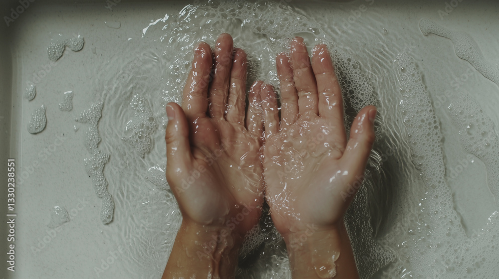 Fototapeta premium Overhead shot of hands cupping water, droplets splashing, clean sink surface. Pure realism, natural flow.