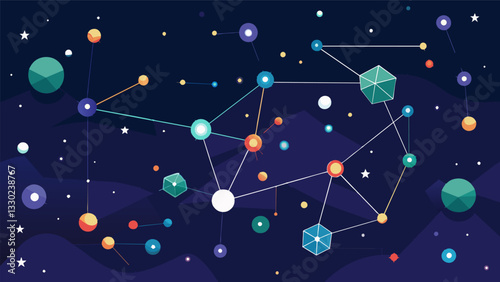 Data constellations tered throughout the endless void mapping out the vastness of information in the universe.. Vector illustration