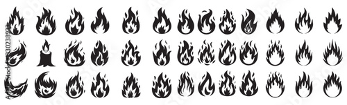 Big set of fire flame vector icons. Collection of fire and flame icons. Bonfire icons, flaming elements.
 Flame Editable Stroke Line Icons Classic silhouette flame. Black fire set isolated on Fire ico