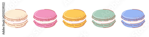 Macarons set with different flavors and colors. Hand drawn vector flat illustration with popular french sweet dessert, pastry. Isolated background. Macaroons with texture for sticker, print, poster