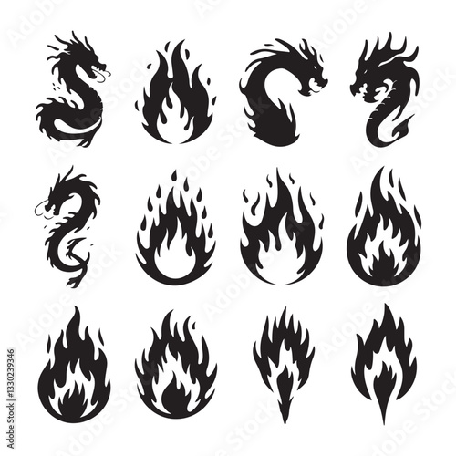 Big set of fire flame vector icons. Collection of fire and flame icons. Bonfire icons, flaming elements.
 Flame Editable Stroke Line Icons Classic silhouette flame. Black fire set isolated on Fire ico