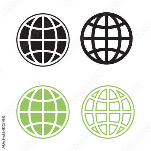Globe Vector Icon Set, Four Unique Designs, Black and Green, World Graphic Resource