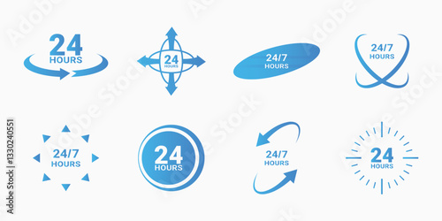 24 7 icon set. The 24 hour service is open 24 hours a day, 7 days a week. Simple illustration set of 24-7 elements, can be used in logo, ui and web design. 