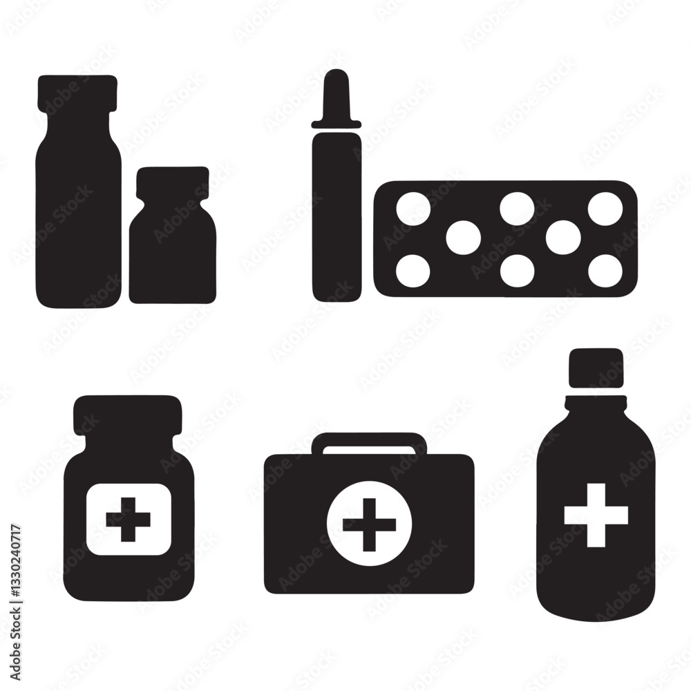 Medical Supplies Vector Icon Set, Six Unique Designs, Black and White, Healthcare Graphic Resource Medical Supplies Vector Icon Set, Six Unique Designs, Black and White, Healthcare Graphic Resource