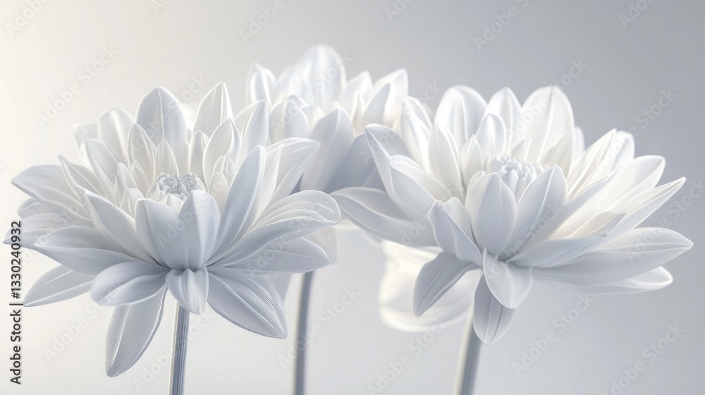 Obraz premium Three luminous white flowers, digitally rendered, detailed petals, soft light, minimalist aesthetic