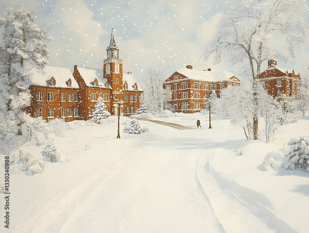 Fototapeta premium Snowy campus scene, winter wonderland