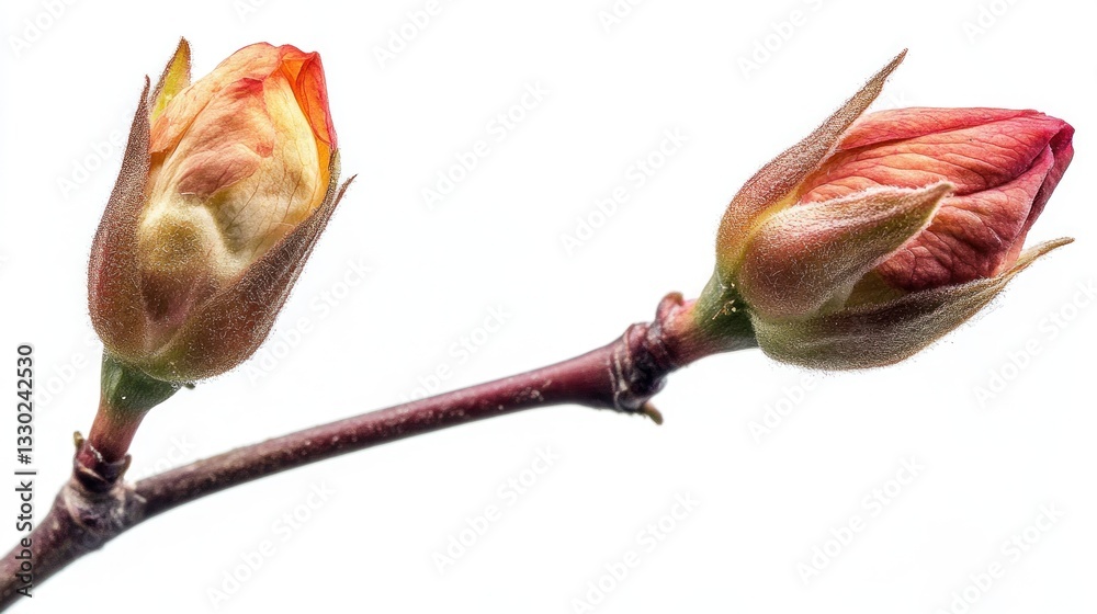Fototapeta premium Two vibrant flower buds on a slender branch, poised to bloom