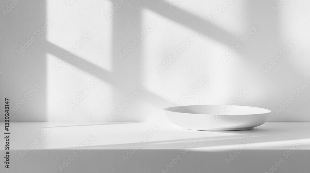 Fototapeta premium Minimalist image of an empty white bowl on a white surface, illuminated by sunlight casting shadows