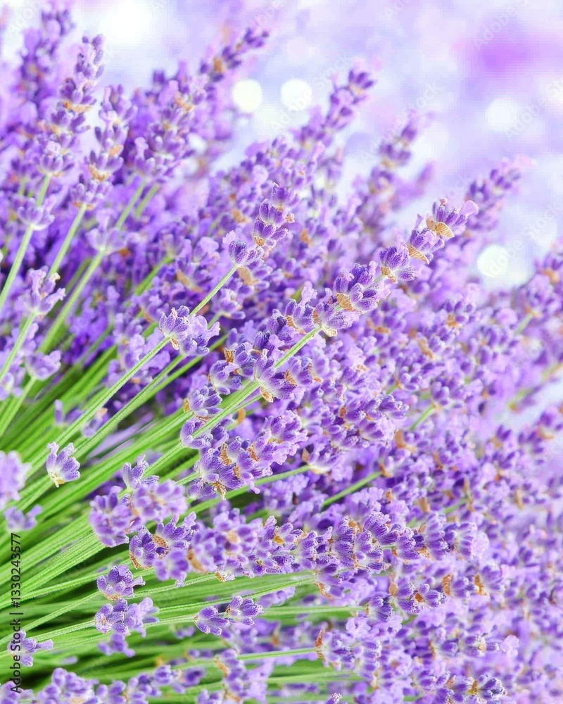 Naklejka premium A delicate arrangement of vibrant lavender flowers fills a clear glass vase, resting elegantly on a rustic wooden table. The soft purple hues contrast beautifully with the natural surroundings.