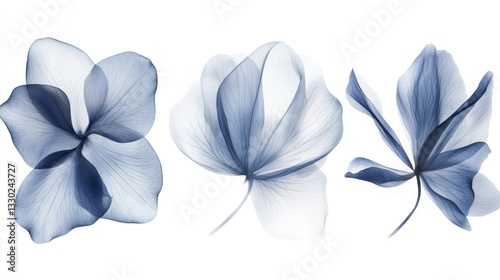 Three ethereal, translucent blue flowers and leaves, isolated on white background