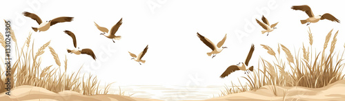 Birds fly over beach grass, calm sea. Decor