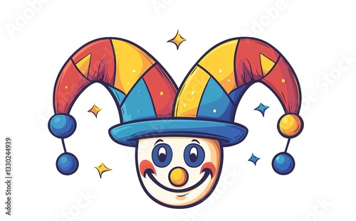 An illustration of a colorful patchwork jester hat with balls and a smiling face, suitable for party, festive, and entertainment - related designs.