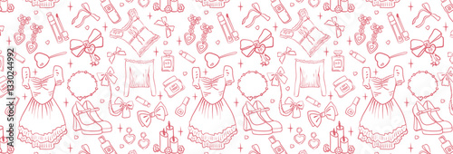 Seamless pattern with cute coquette vintage girly clothes, jewelry, bows, and cosmetics. Hand drawn background in doodle style. Vector drawing for invitation, scrapbooking, postcard or cover of diary.