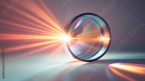Lens Equation – A convex lens focusing light to a single point on a white background, glowing rays, hyper-realistic