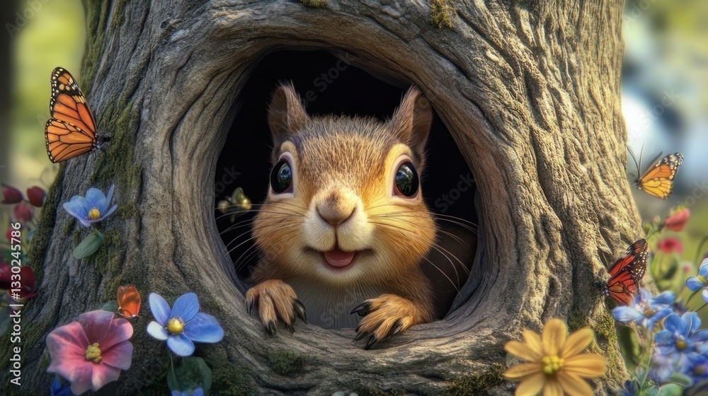 Obraz premium Cute squirrel peeking from tree hollow, surrounded by flowers and butterflies