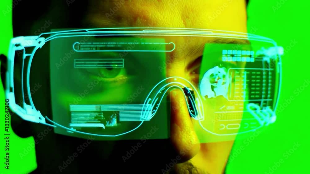 Futuristic smart glasses augmented reality interface on man's face, high tech innovation in digital eyewear, holographic HUD screen concept, close-up technology green  screen background video