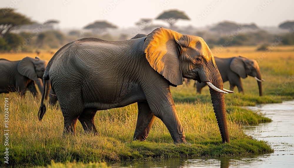 Fototapeta premium Elephant herd at sunset, African savanna