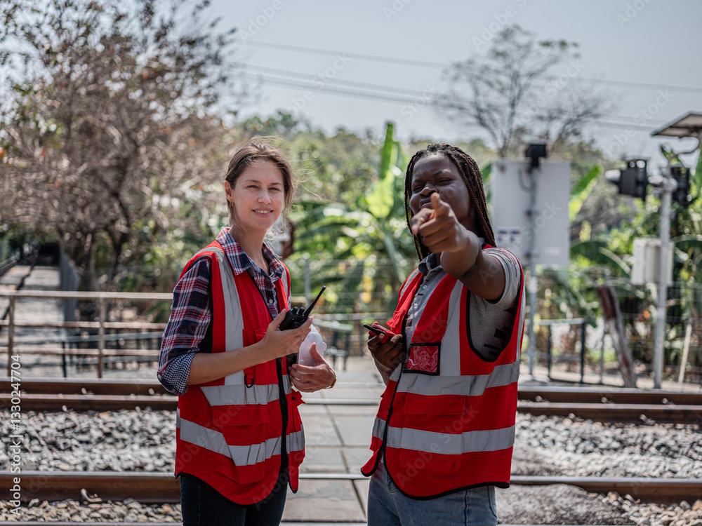 A team of accomplished rail transport professionals or railway engineers are conducting structural inspections and maintenance checks following a freight train management plan on the railway tracks