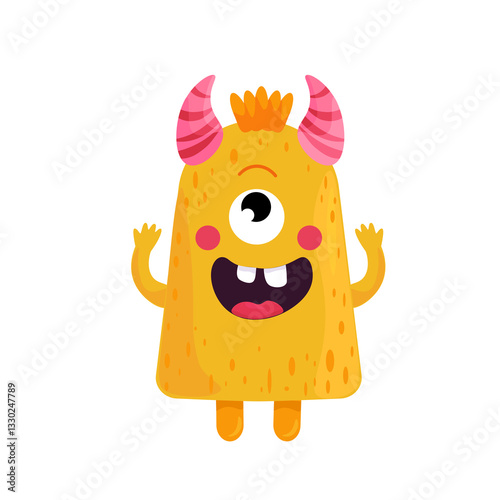 Cute Yellow Monster with Pink Horns – Vector Illustration