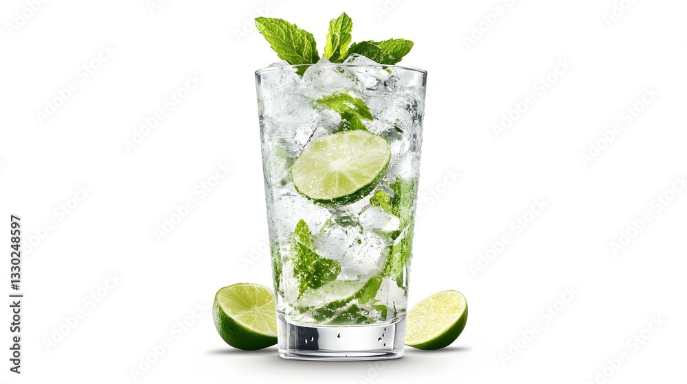 A refreshing mojito cocktail served in a tall highball glass filled with crushed ice, fresh mint leaves, and lime wedges, with visible condensation droplets on the glass and a clean white background A refreshing mojito cocktail served in a tall highball glass filled with crushed ice, fresh mint leaves, and lime wedges, with visible condensation droplets on the glass and a clean white background
