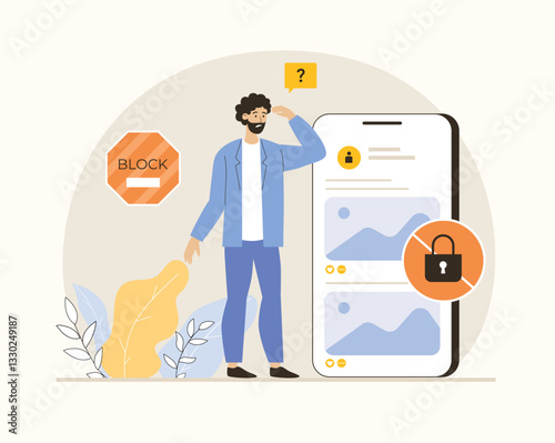 Blocking, banned user account on social media. Error, access is denied. Account safety and secure. Flat vector illustration.