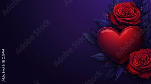 Fototapeta Naklejka Na Ścianę i Meble -  Heart and roses on dark purple backdrop