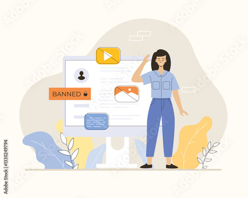Blocking, banned user account on social media. Error, access is denied. Account safety and secure. Flat vector illustration.