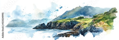 Watercolor Ring of Kerry Coastal Scene - Serene watercolor landscape, symbolizing tranquility, nature, Irish heritage, coastal beauty, and travel photo