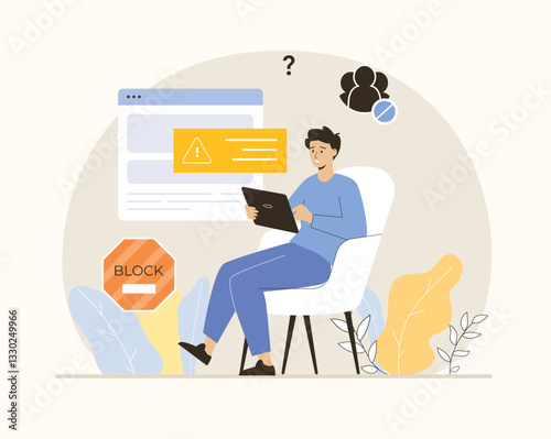 Blocking, banned user account on social media. Error, access is denied. Account safety and secure. Flat vector illustration.