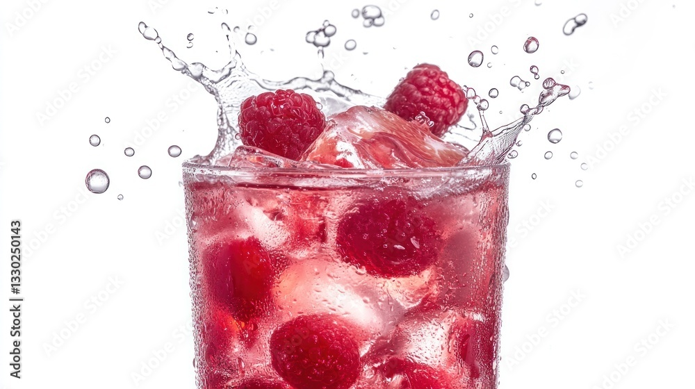 Refreshing drink Red raspberries plunge into a glass, creating a lively splash Refreshing drink Red raspberries plunge into a glass, creating a lively splash